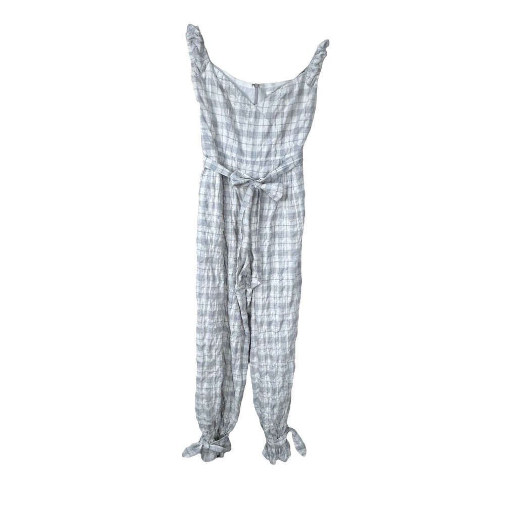 Tularosa Womens Jumpsuit Sage S Cream Black Cotton Off Shoulder Plaid Ruffles N4